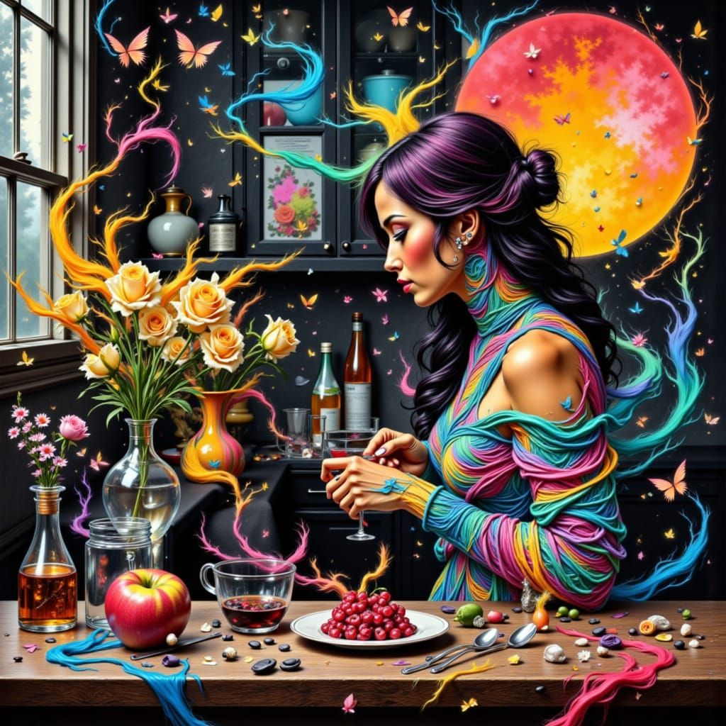 Woman on Kitchen Counter with Charcoal and Rainbow Palette