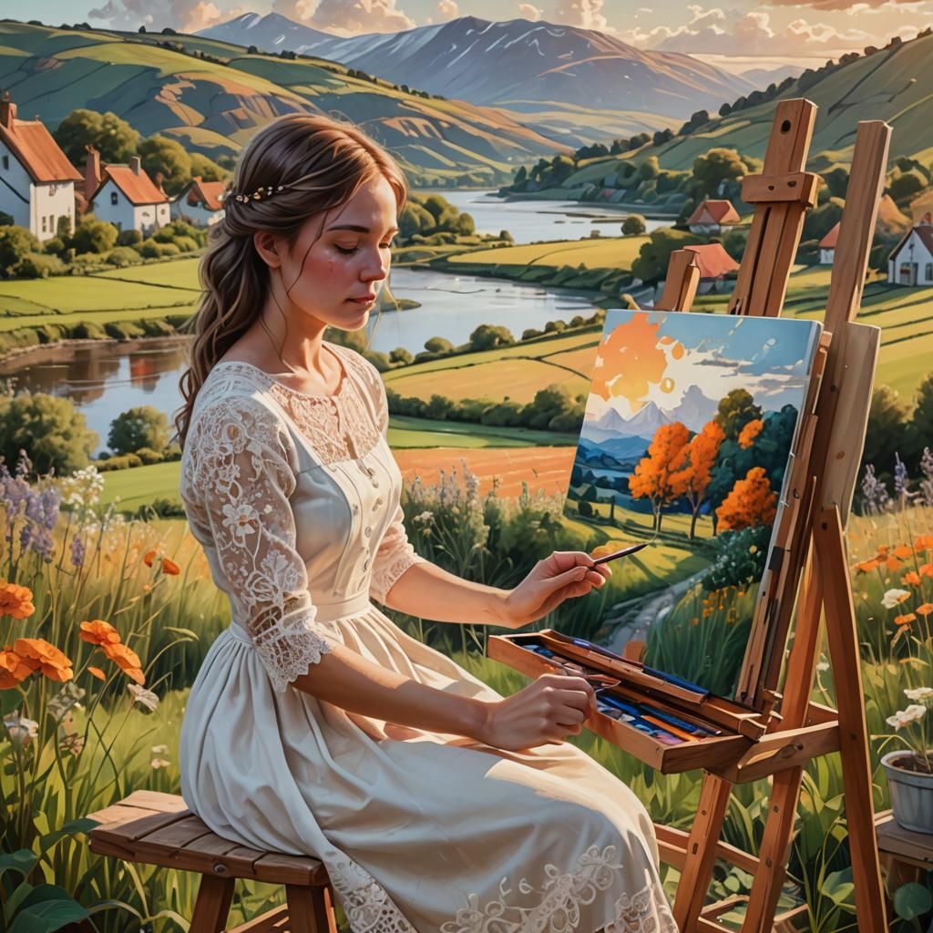 Hyperrealistic Girl Artist Painting in Colorful Meadow