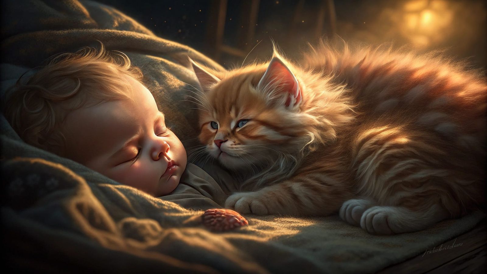 Kitten Adoring Sleeping Baby in Golden Hour Glow