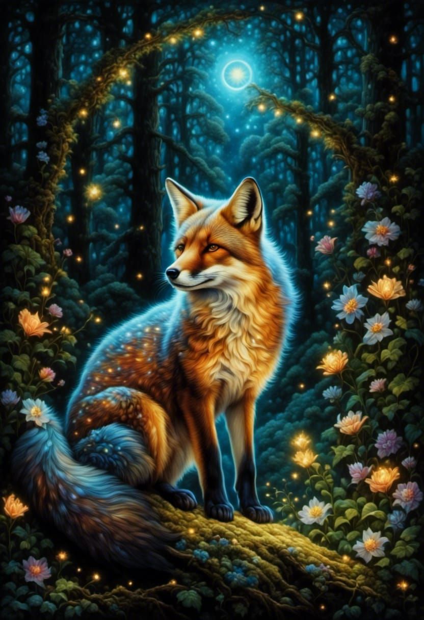 Luminescent Fox with Fire Magic in Astral Forest