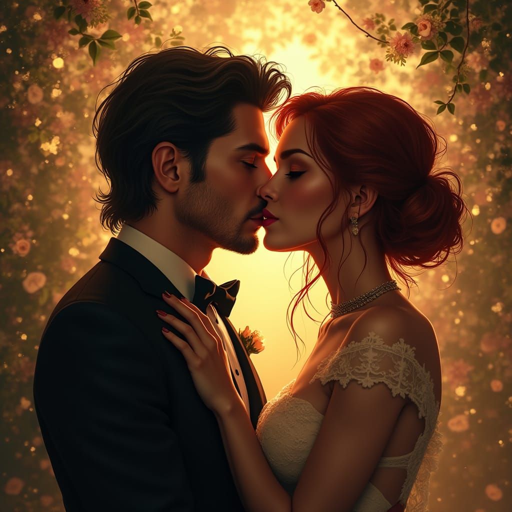 Romantic Kiss in Art Nouveau Style