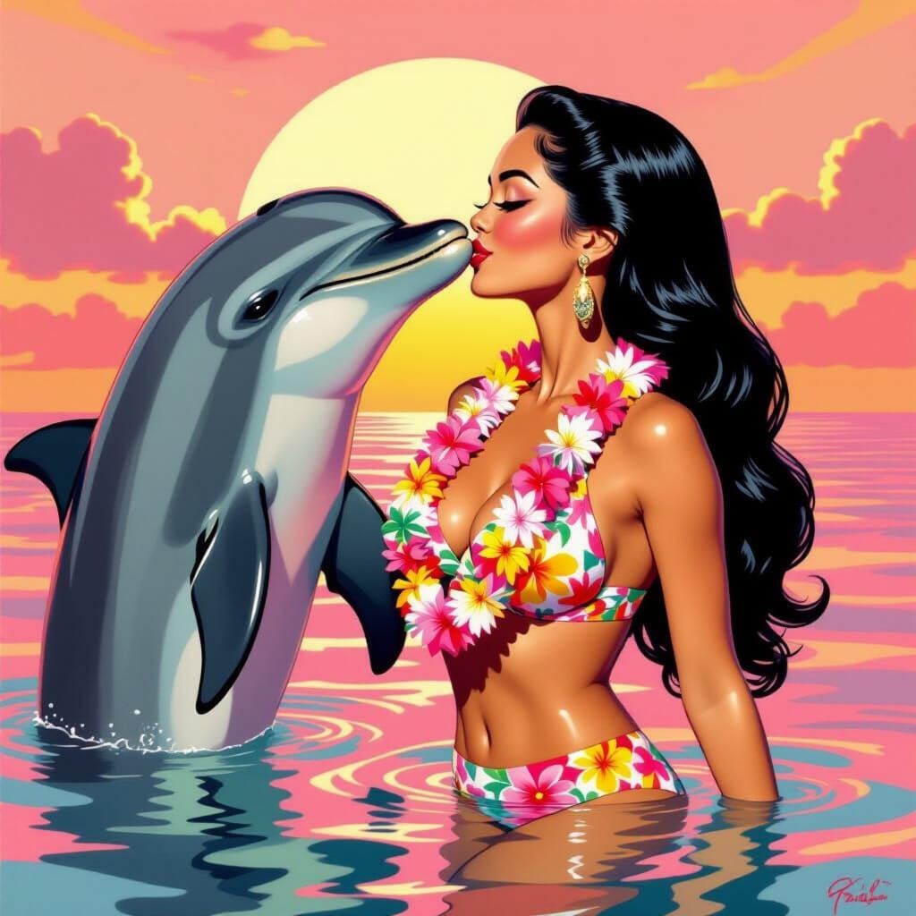 Hawaiian Pin-Up Girl Kissing Dolphin, Classic Style