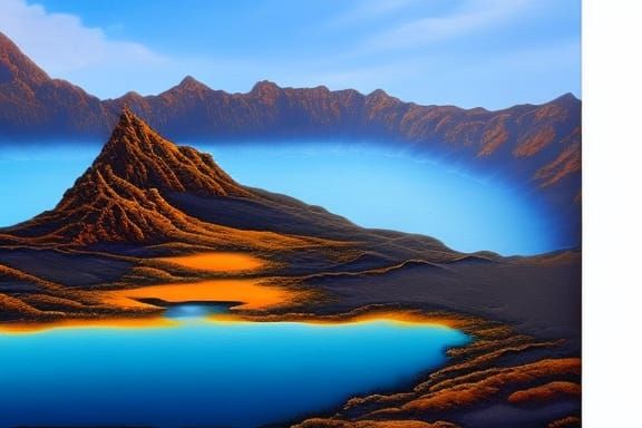 Lava Lake in Mountain Landscape Fantasy Painting