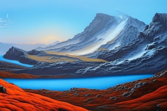 Lava Lake in Fantasy Mountain Landscape Painting