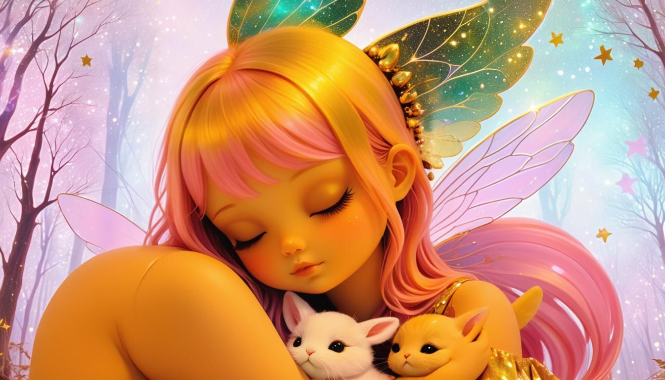 Fairy with Bunny in Enchanted Pastel Forest