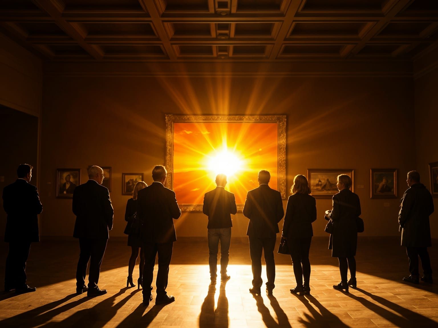 People Admire Golden Sunset Painting