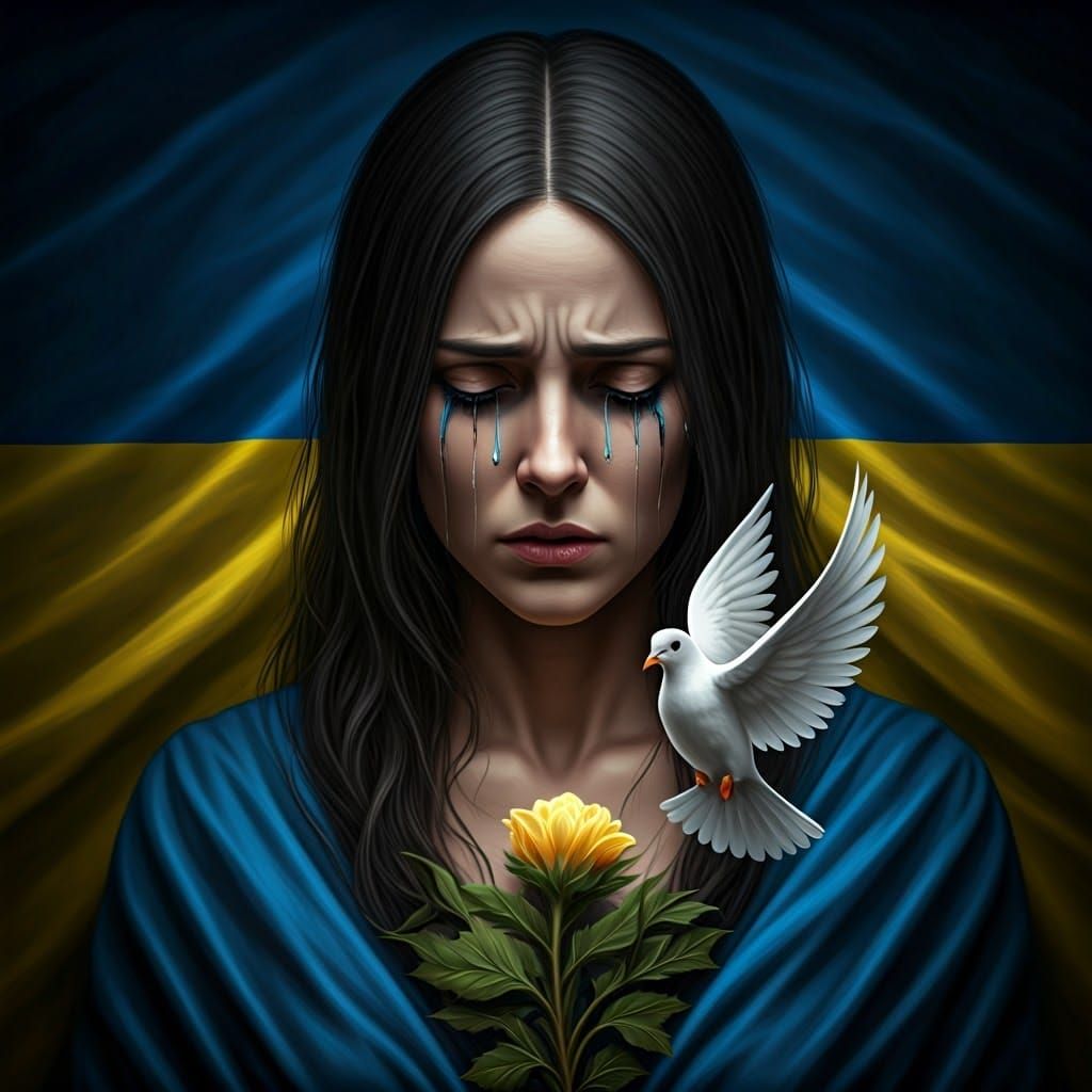 Dramatic Ukrainian Flag with Dove and Flower