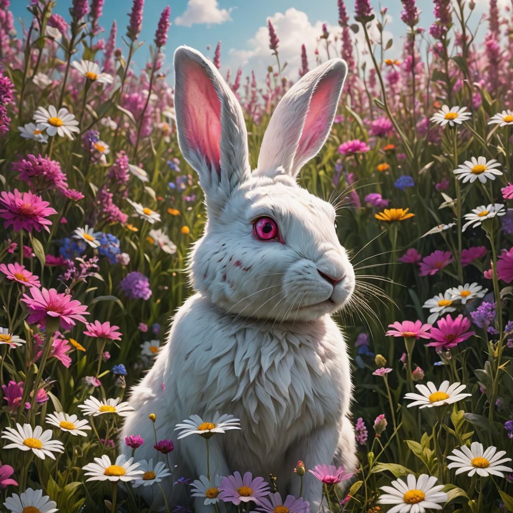 Rabbit in Wildflowers: Detailed Matte Painting