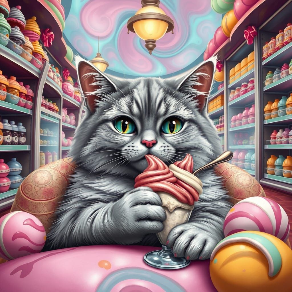Playful Ice Cream Cat in Whimsical Pop Surrealism Scene