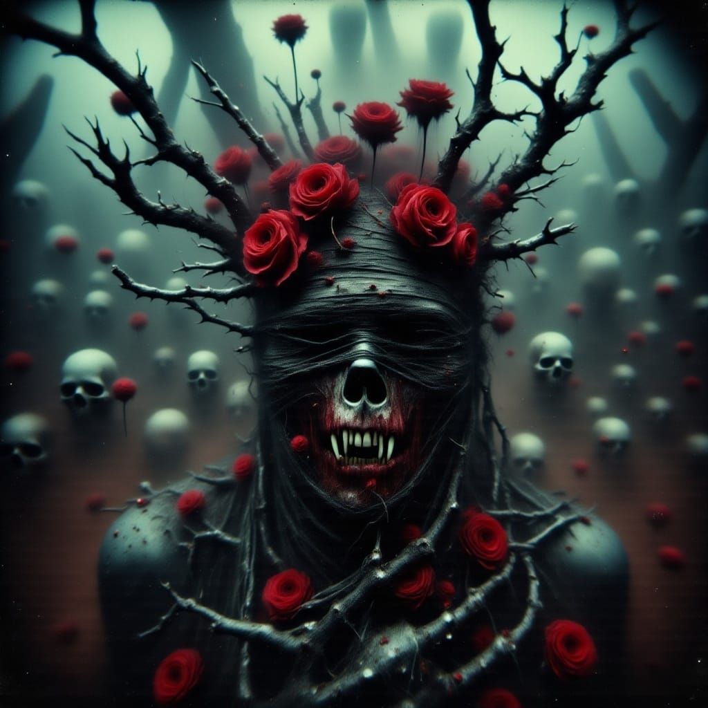 Dark Surreal Figure with Roses, Biomorphic Aesthetic