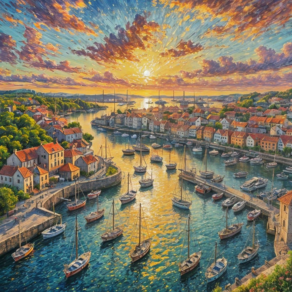 Fantasy Harbor Sunset in Neo-Impressionist Style