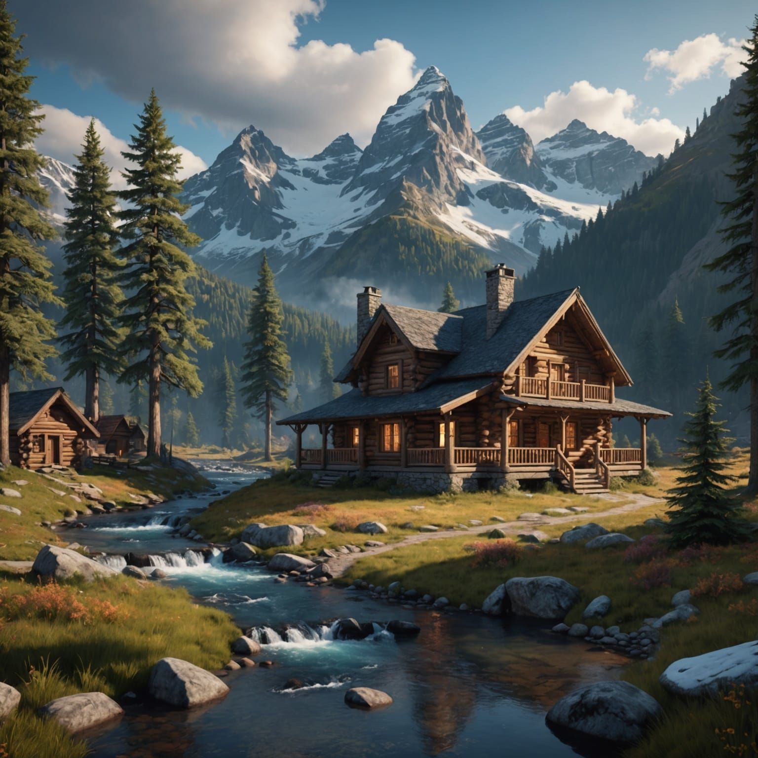 Mountain Cabin Retreat in Detailed Matte Painting