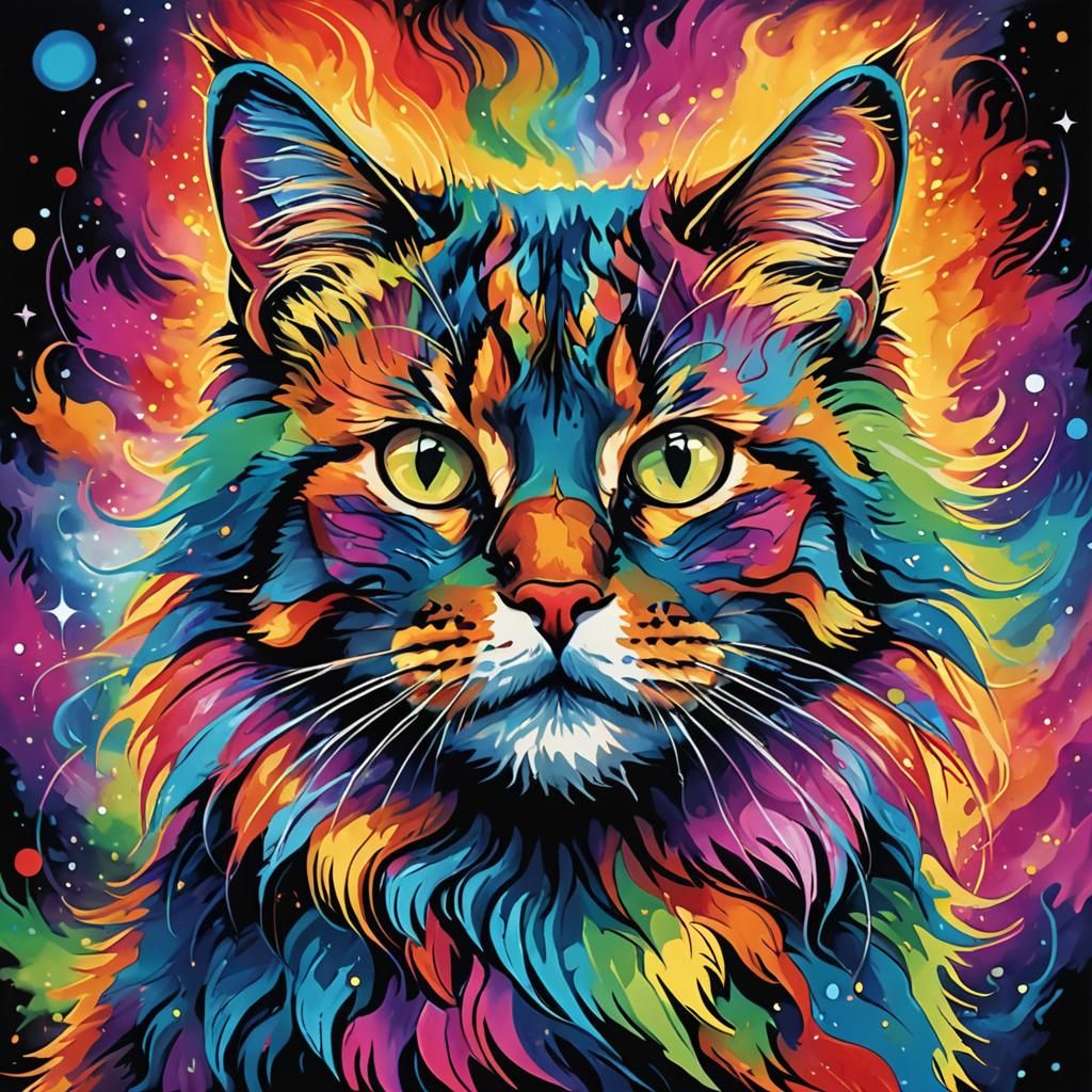 The cat should have a majestic and slightly otherworldly appearance, with fur that seems to shimmer and change color lik...