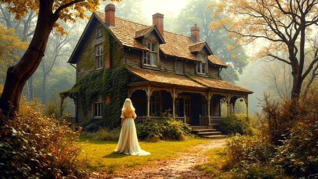 Mysterious Woman at Cottage, Surreal Oil Painting