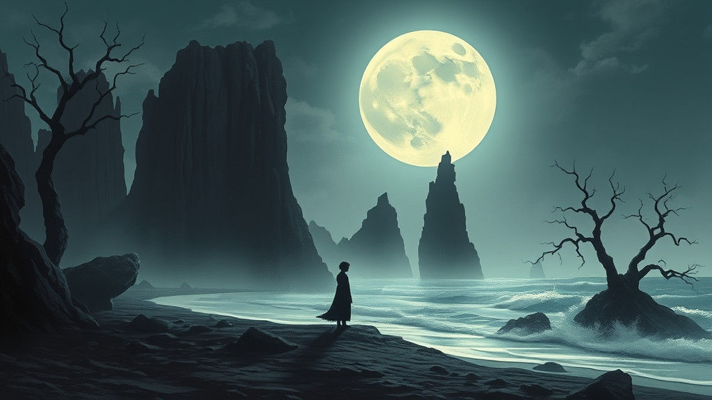 Moonlit Shoreline with Gothic Rock Formations