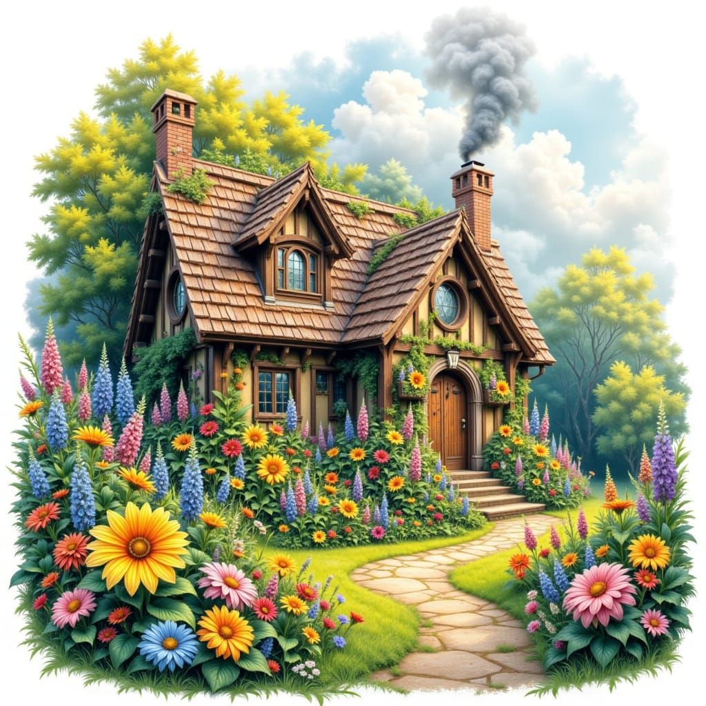 Cozy Cottage with Blooming Garden in Watercolor Style