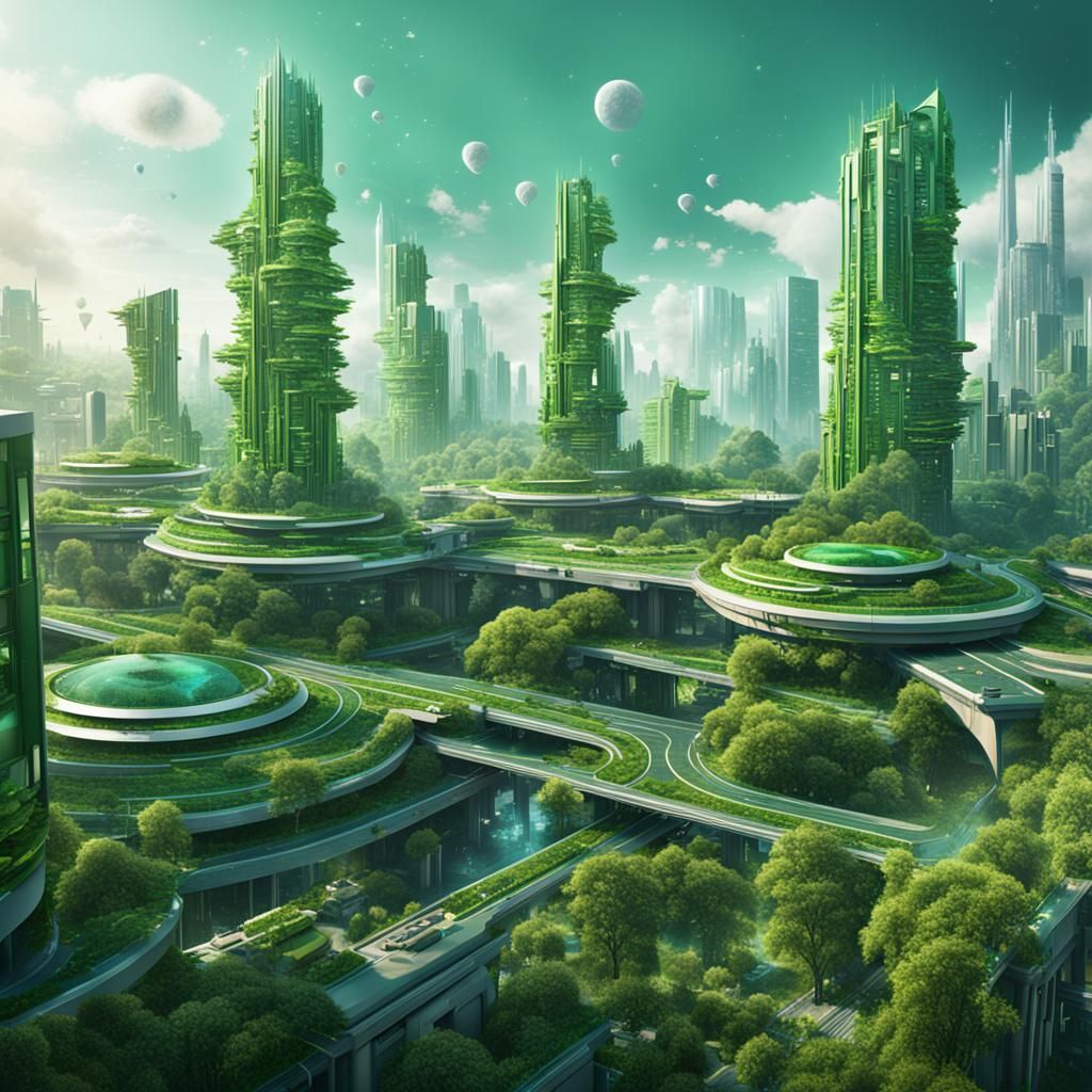 Futuristic Cityscape with Green Spaces, Digital Illustration