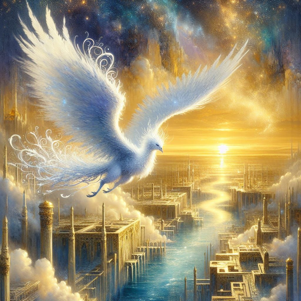 Mythical White Bird Soars Over Sunset Kingdom