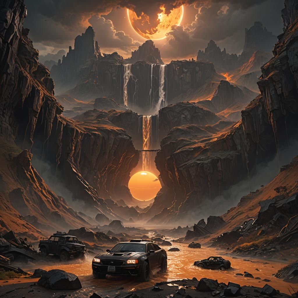 Apocalyptic Valley with Black Waterfalls, Dark Fantasy Art