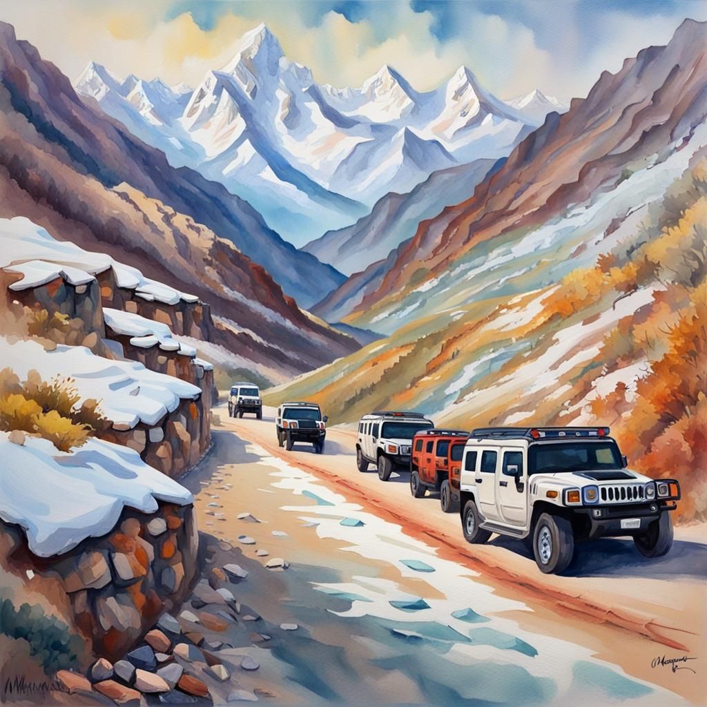 Himalayan Roads: Gouache Painting of SUVs in Snow