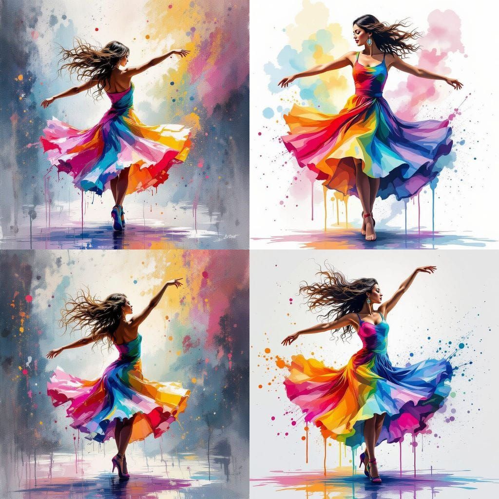 Woman Dancing in Watercolor Dress with Graffiti Art Style