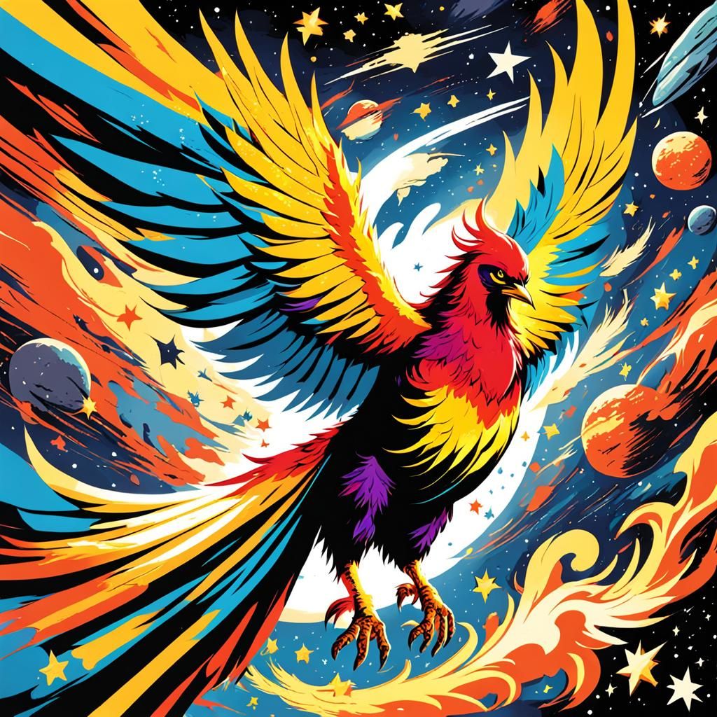Phoenix Soars Through Stars: Comic Noir Art