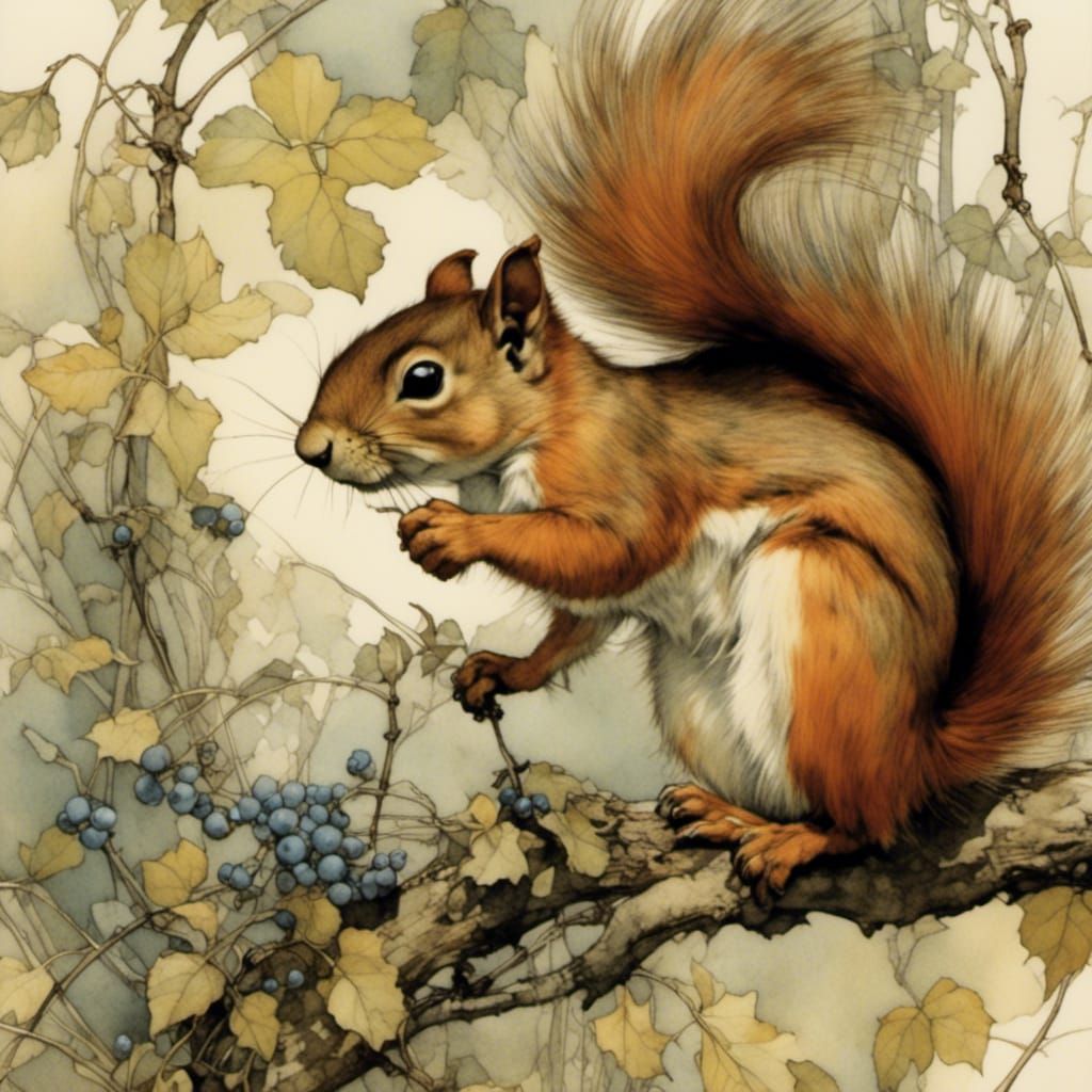 Squirrels in Enchanted Forest, Watercolor Art