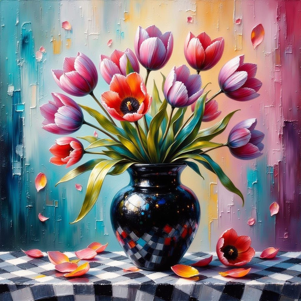 Tulips in Black Vase: Impressionistic Floral Arrangement