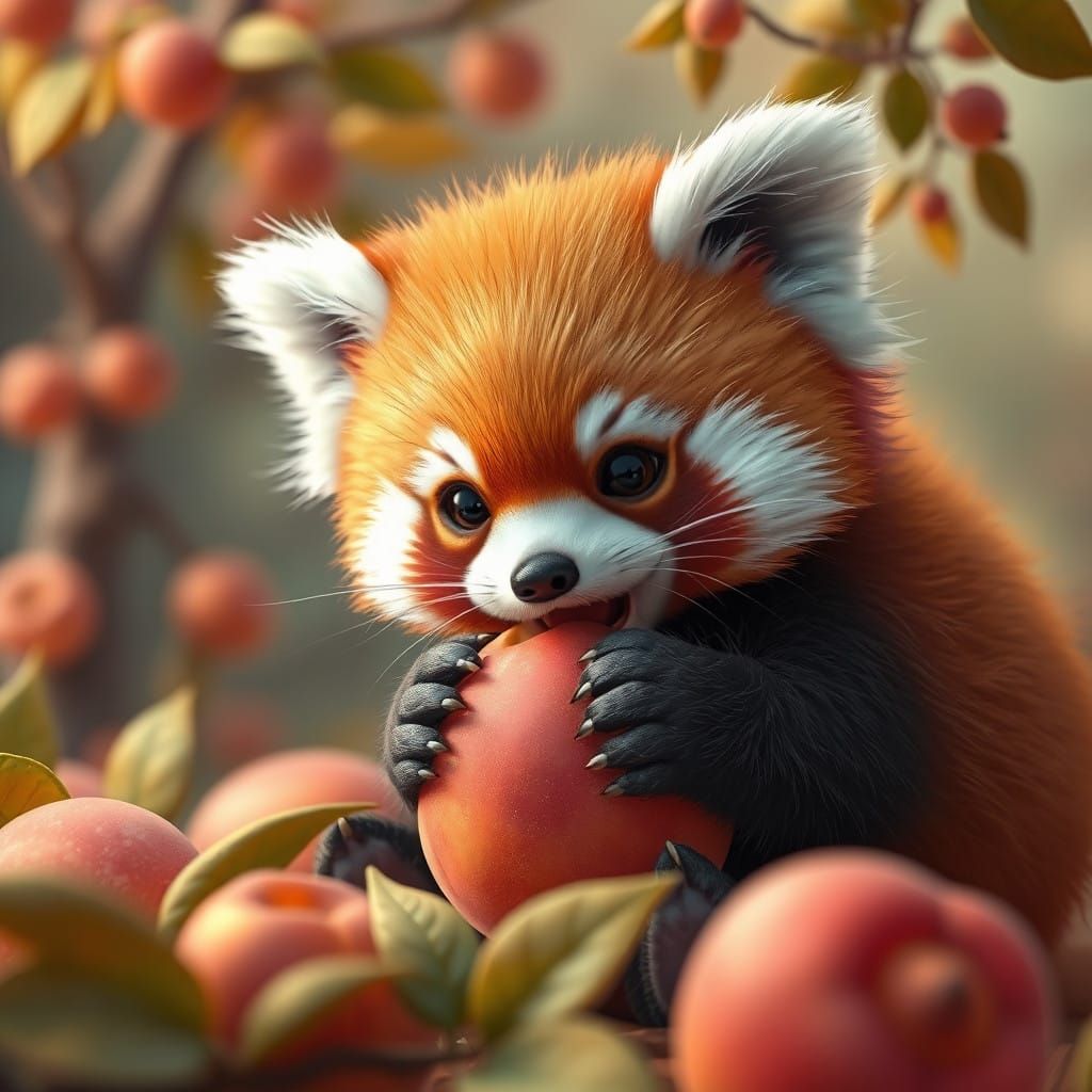 Whimsical Red Panda Puppy Munches on Peach in Fantastical Wo...