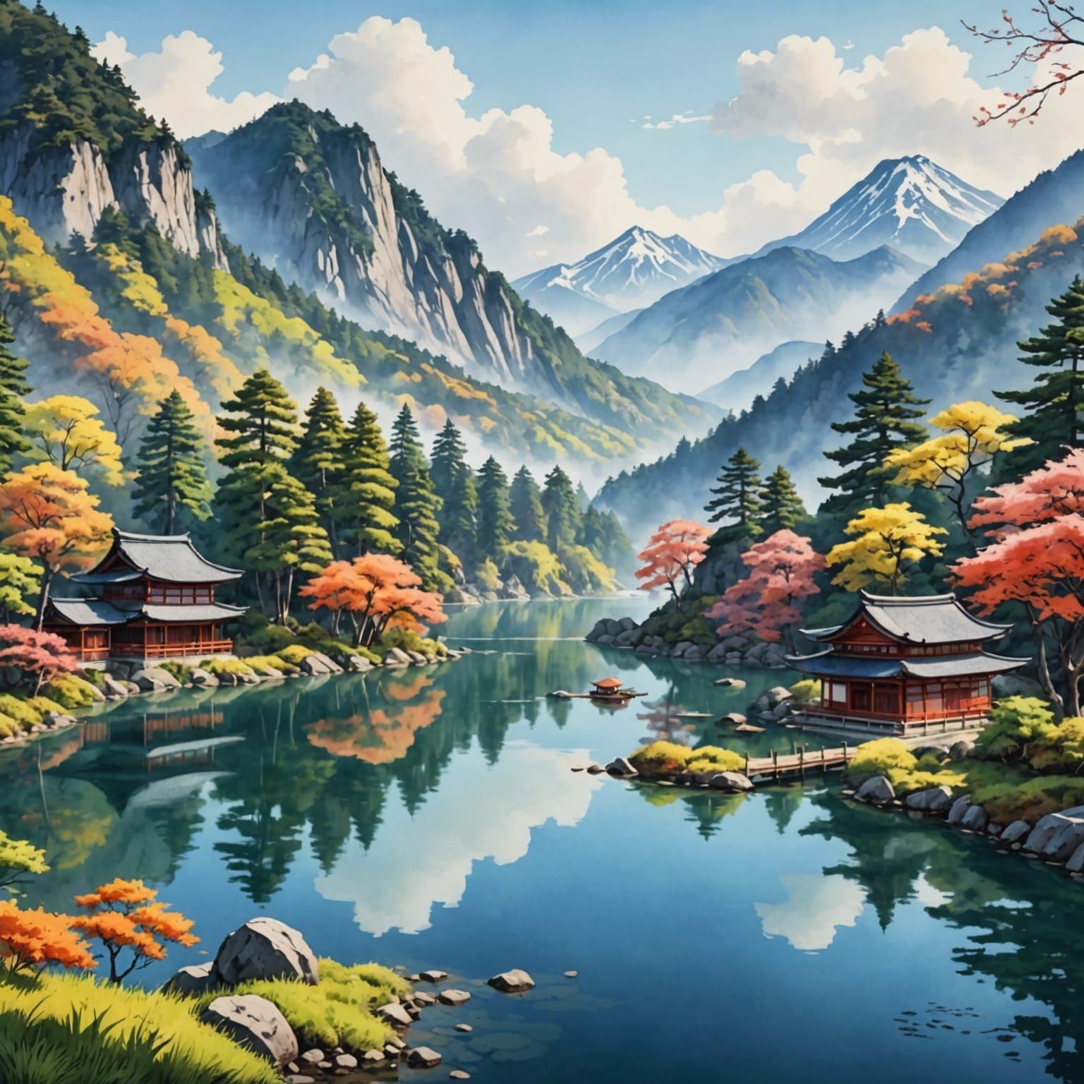 Japanese Lake Watercolor Painting in the Mountains