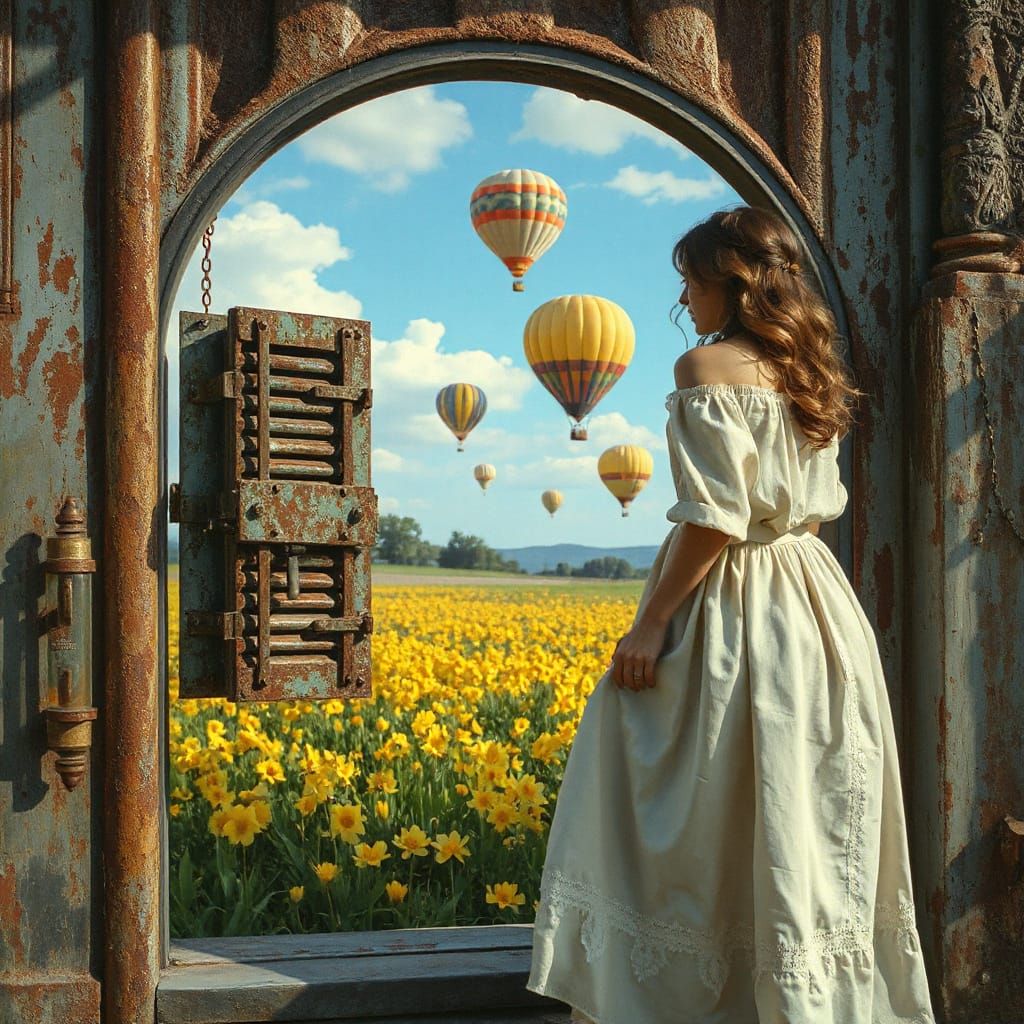 Ethereal Woman Unveils Vibrant Steampunk Meadow in Hyperreal...