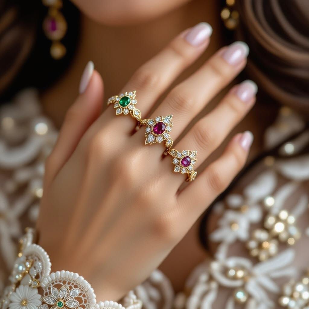 Ornate Rings on Woman's Hand in Art Nouveau Style
