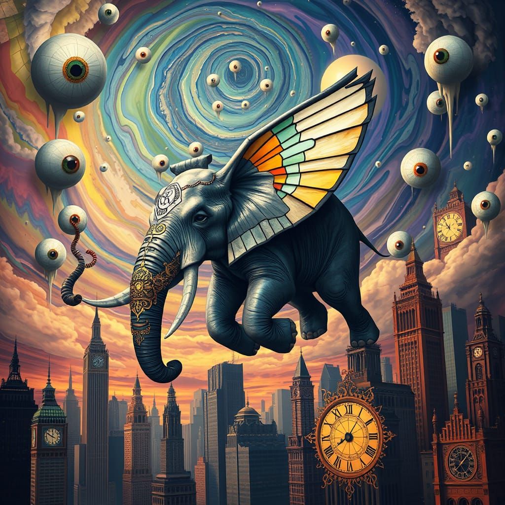 Surreal Elephant Soars Through Melting Cityscape in Vibrant ...