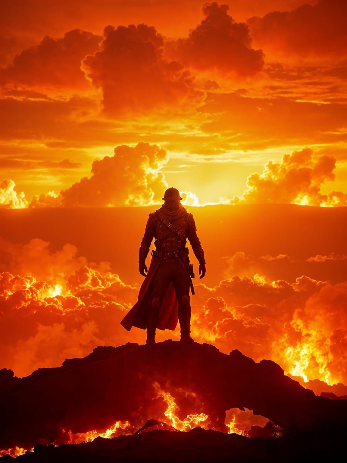 Heroic Figure Amidst Blazing Inferno in Cinematic Style