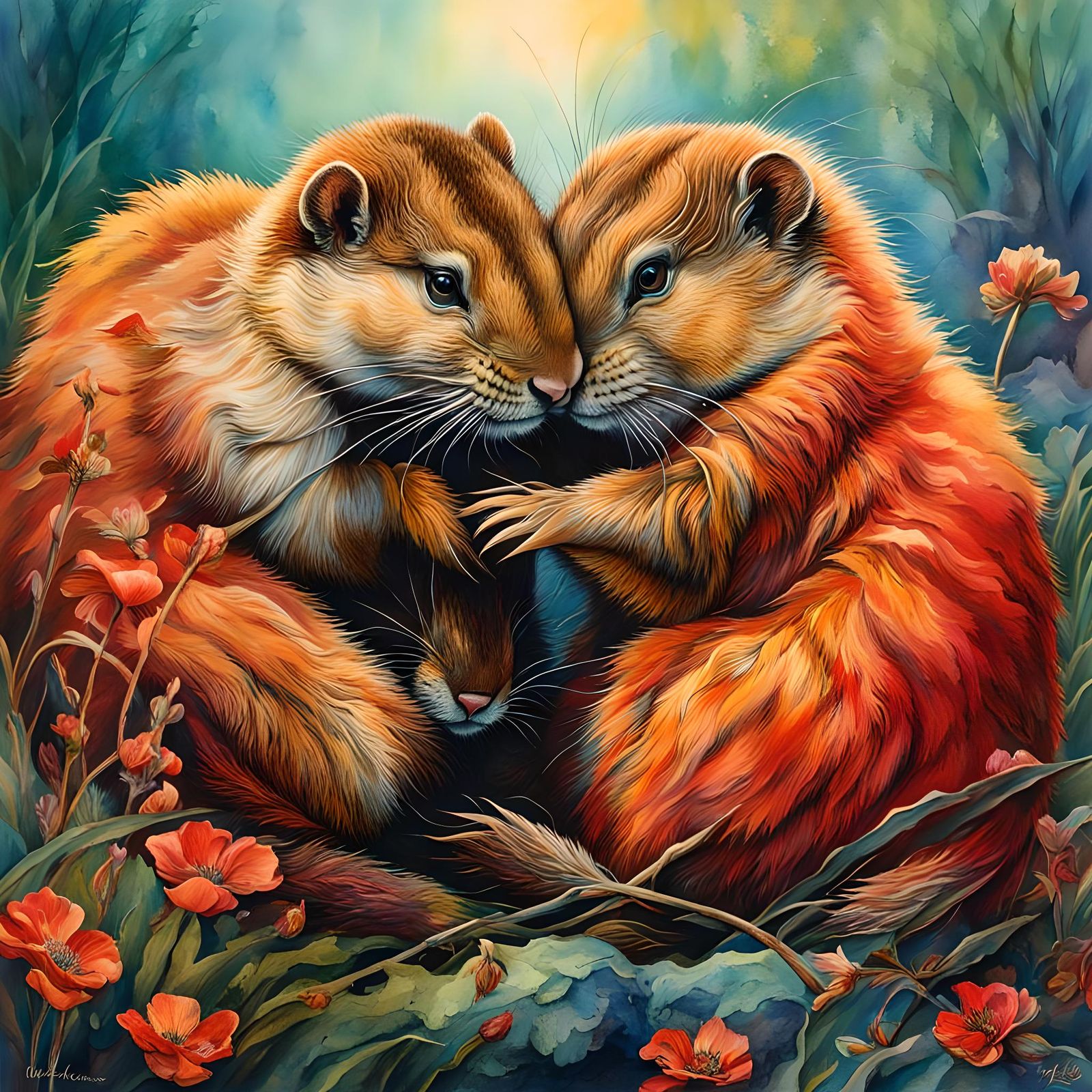 Muskrats in Love: Watercolor and Ink Illustration