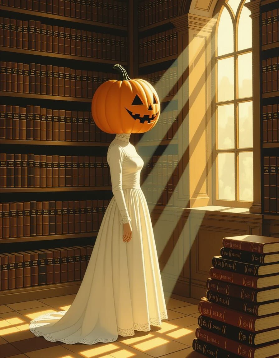 Woman with Pumpkin Head in Ancient Library, Surreal Oil Pain...