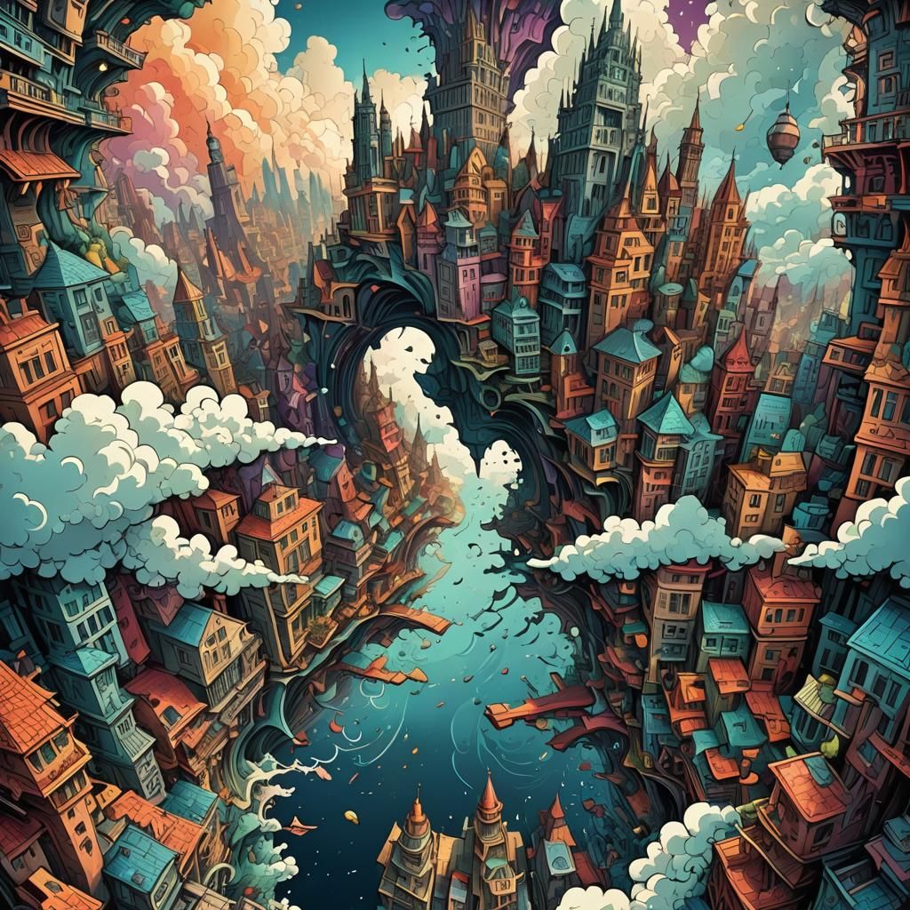 Surreal Floating Cityscape in Comic Book Style