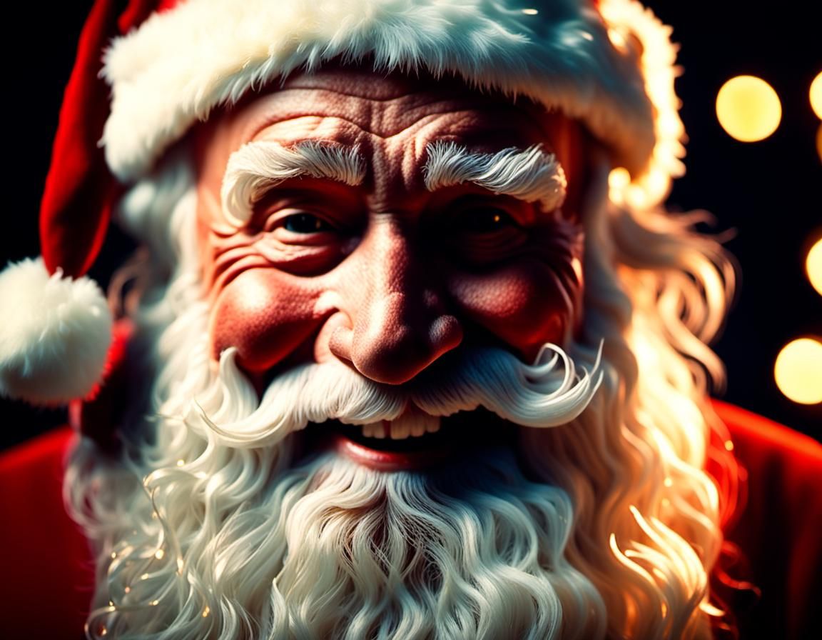 Cinematic Close-Up of Smiling Santa Claus with Lights