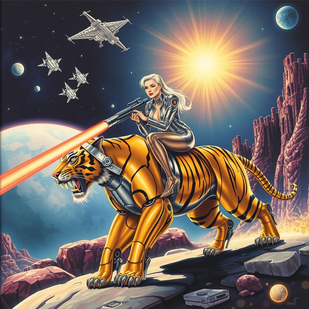Cyberpunk Woman on Robotic Tiger in Space