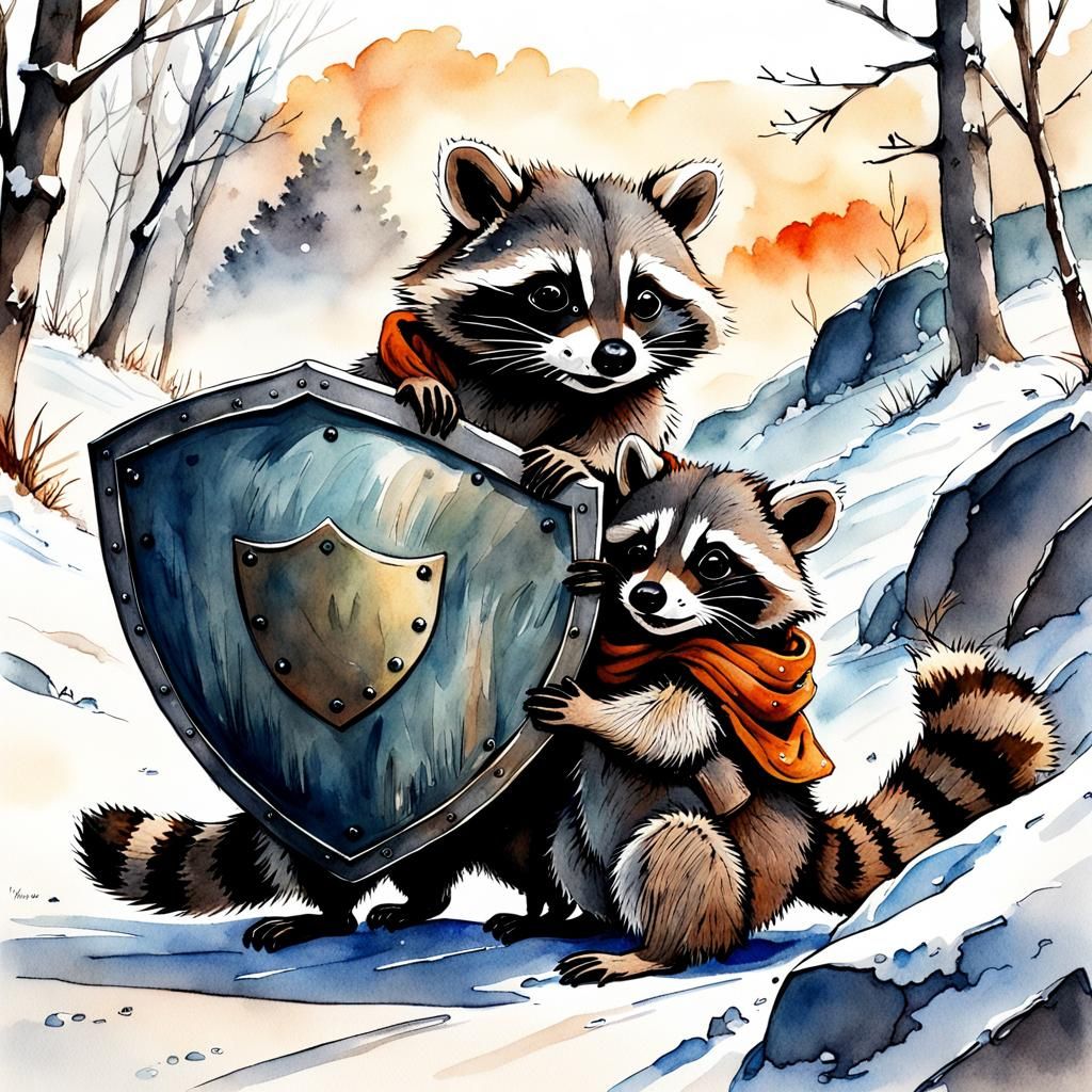 Raccoons Sliding on Shields in Watercolor Winter Scene