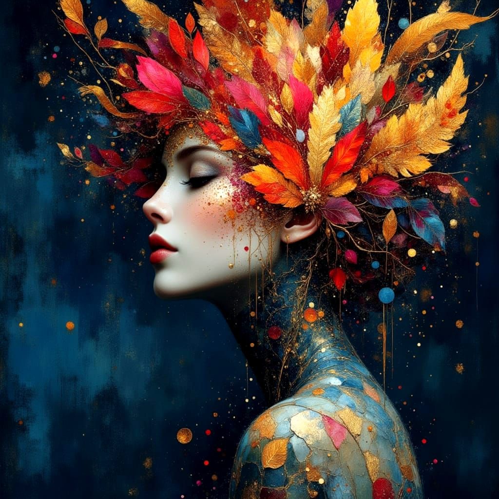 Hourglass Dreamscape in Deep Blue, Gold and Red