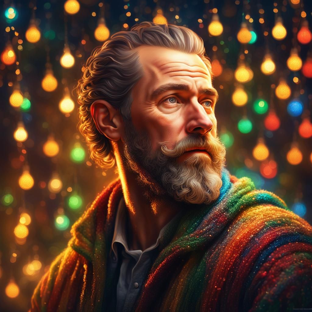 Bearded Man with Christmas Lights: Hyperrealistic Portrait