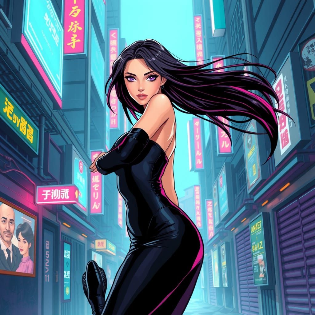 Sleek Cyberpunk Goddess Amidst Neon Cityscape