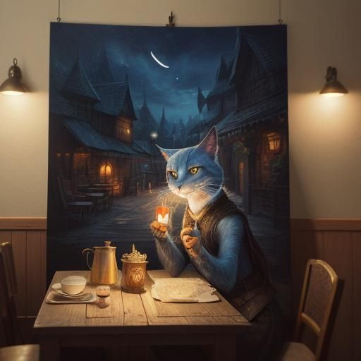 Khajiit in Skyrim Tavern: Whimsical Pointillist Illustration