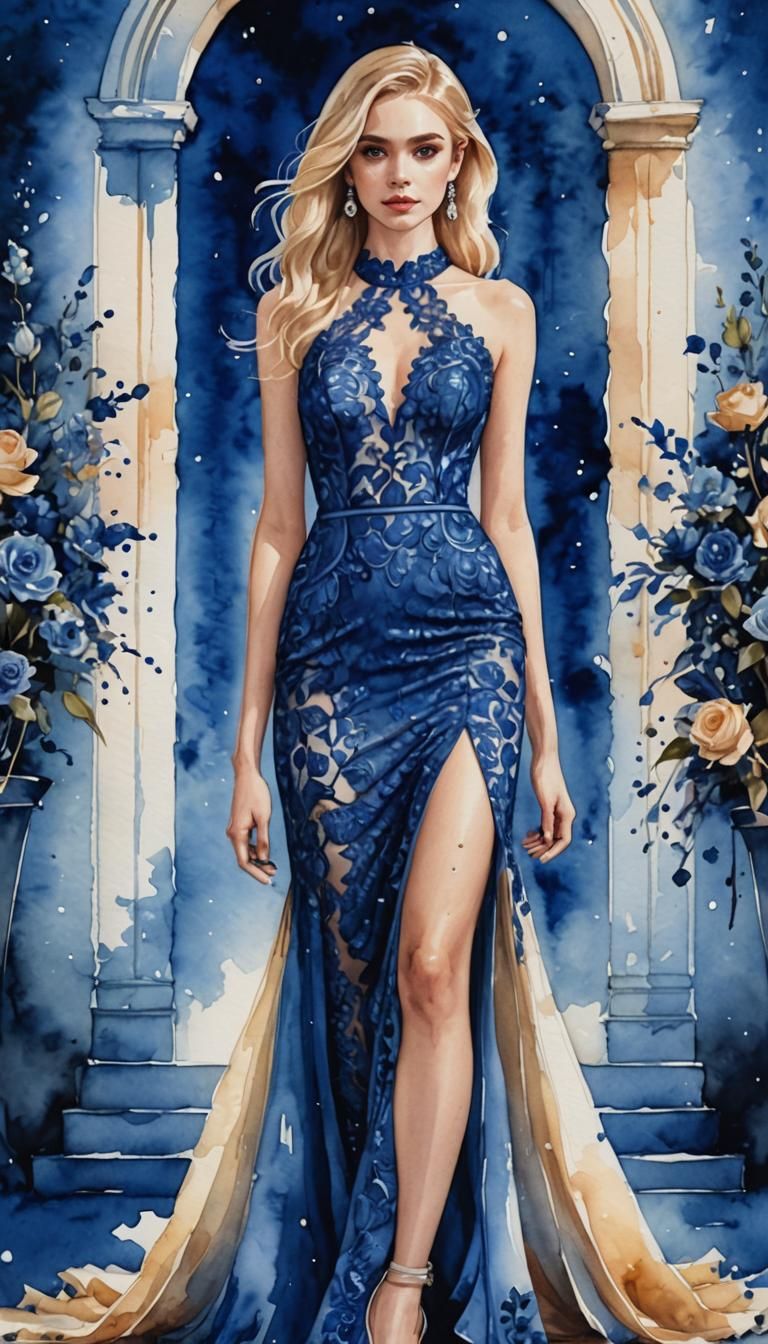 Blonde Woman in Blue Lace Dress, Watercolor Painting