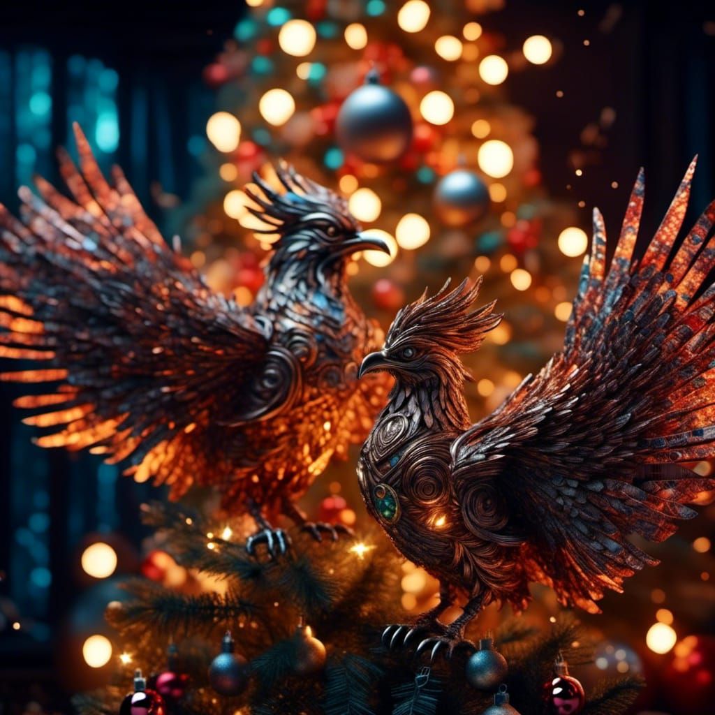 Detailed Fire Phoenixes on Newspaper Christmas Tree