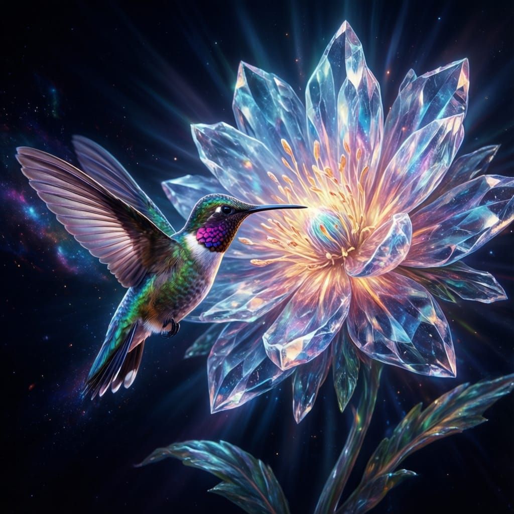 A solitary hummingbird, its wings shimmering with iridescent, cosmic energy, hovers before a colossal, crystalline flowe...