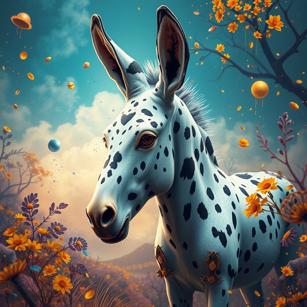 Vibrant Donkey in Whimsical Dreamlike Fantasy Landscape