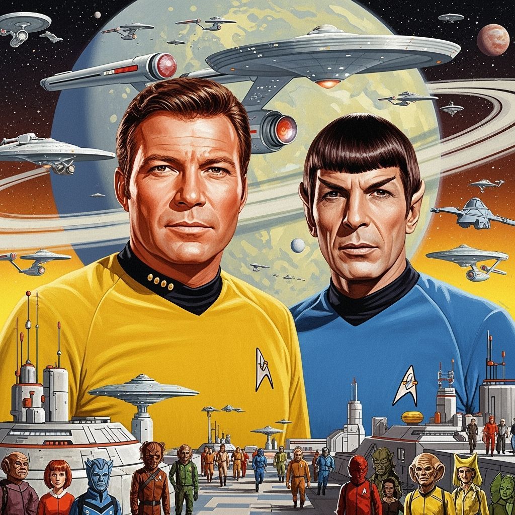 Kirk and Spock in Starfleet Uniforms with Enterprise