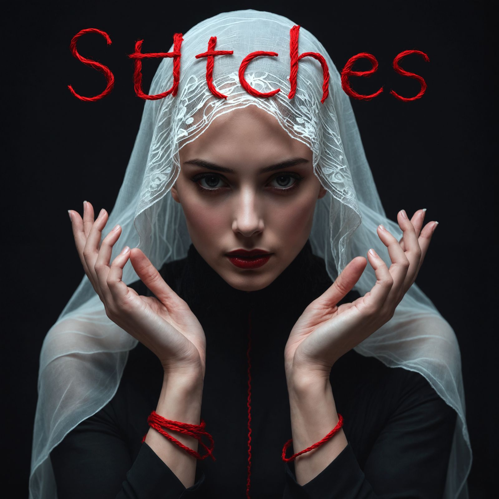 Moody Portrait of Woman with Embroidered Stitches